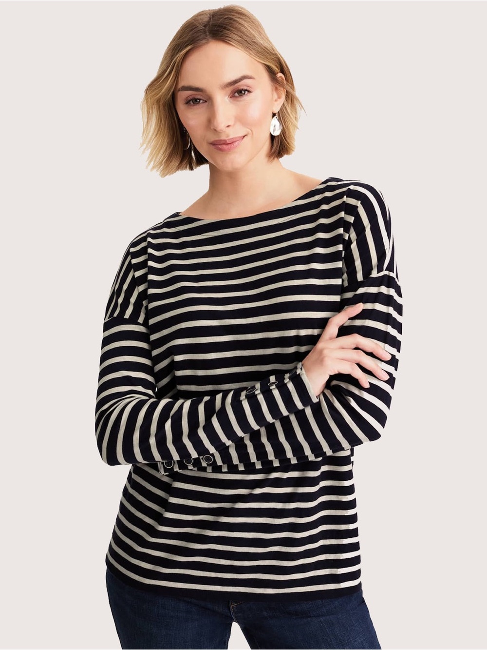 J. Jill Black and Cream Striped Boatneck Long-Sleeve Top